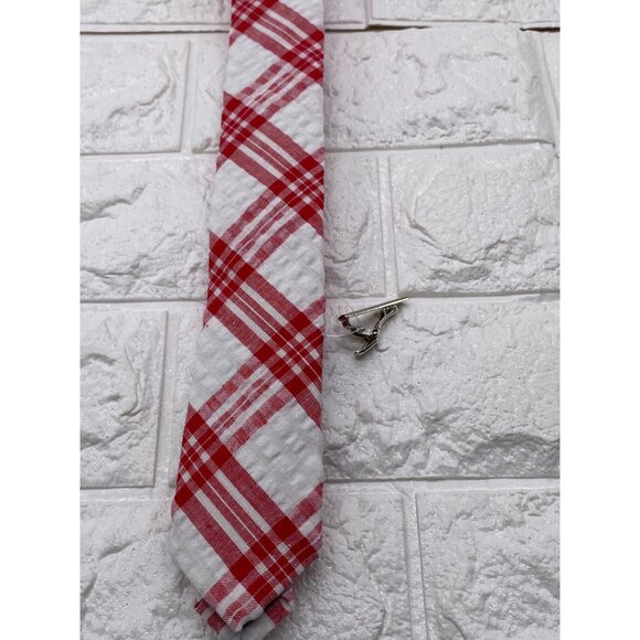 Skinny Tie Madness Men's Plaid Tie Red & White Cotton SKM2117 - Picture 4 of 11